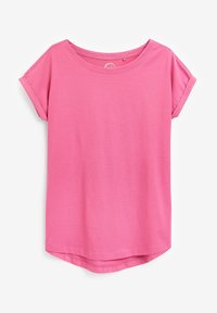 Lyserød kortærmet t-shirt lavet af blødt stof, med rund halsudskæring og en let buet kant. Ingen mønstre eller yderligere detaljer.