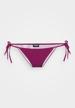 Pink bikini bottom with adjustable tie sides, featuring a repeated DSQUARED2 logo pattern in darker pink on a lighter pink base.