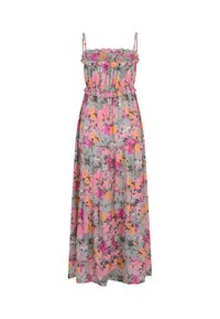 Robe longue sans manches rose et grise à motif fleuri, encolure à volants, taille élastique et fines bretelles, présentée sur fond blanc.