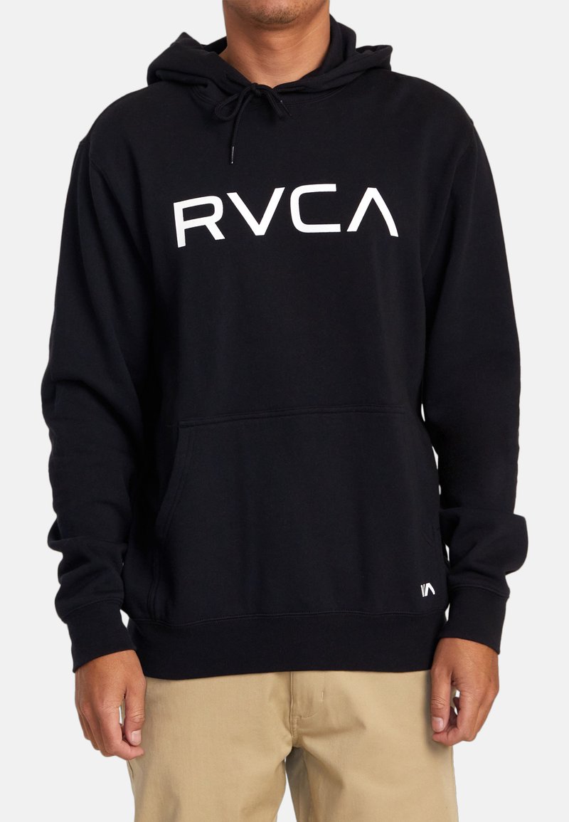 Black hooded sweatshirt made of cotton blend, featuring a large white "RVCA" logo on the front and a front pouch pocket.
