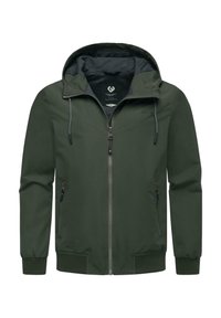 Groene hoodie-jack gemaakt van zachte stof. Beschikt over een ritsopening aan de voorkant, elastische manchetten en twee zijzakken met rits voor opbergruimte. Eenvoudig ontwerp.