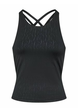 Crni sportski top bez rukava s diskretnim valovitim uzorkom i tankim ukriženim naramenicama na leđima.