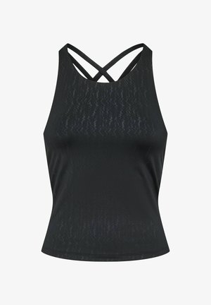 Crop top sportif noir sans manches avec un motif ondulé subtil et des fines bretelles croisées dans le dos.