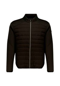 Zwarte jas met een gestikte voorkant en gladde mouwen. Heeft een ritsluiting en een geribbelde kraag. Het materiaal is zacht met een gestructureerde afwerking.