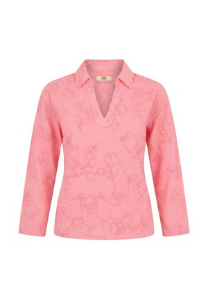 Roze blouse met lange mouwen, geborduurd met bloemen, een V-halskraag en een getailleerde pasvorm.