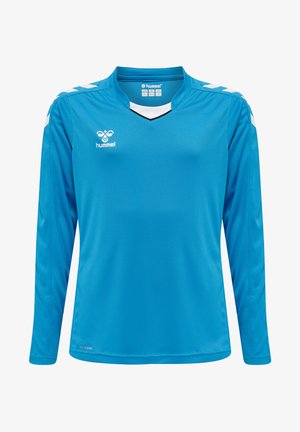 Blauw sporttricot met lange mouwen, voorzien van een V-hals, witte accenten en het "hummel" logo op de borst. Gemaakt van lichtgewicht, ademend materiaal.