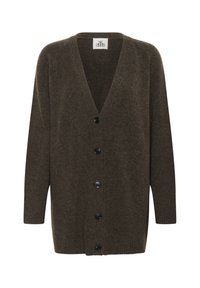 Barna gyapjú kardigán V-nyakkivágással, hosszú ujjal és négy fekete gombbal az elején. Puha textúra, laza fazon.