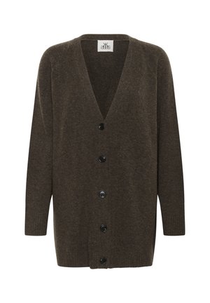Hnedý vlnený kardigan s výstrihom do V, dlhými rukávmi a štyrmi čiernymi gombíkmi na prednej strane. Mäkká textúra, uvoľnený strih.