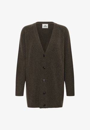 Hnedý vlnený kardigan s výstrihom do V, dlhými rukávmi a štyrmi čiernymi gombíkmi na prednej strane. Mäkká textúra, uvoľnený strih.