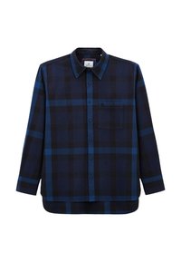 Chemise à manches longues à carreaux bleus, fabriquée en tissu avec des carrés bleu foncé et bleu clair, dotée d'un col à bouton et d'une poche poitrine unique.