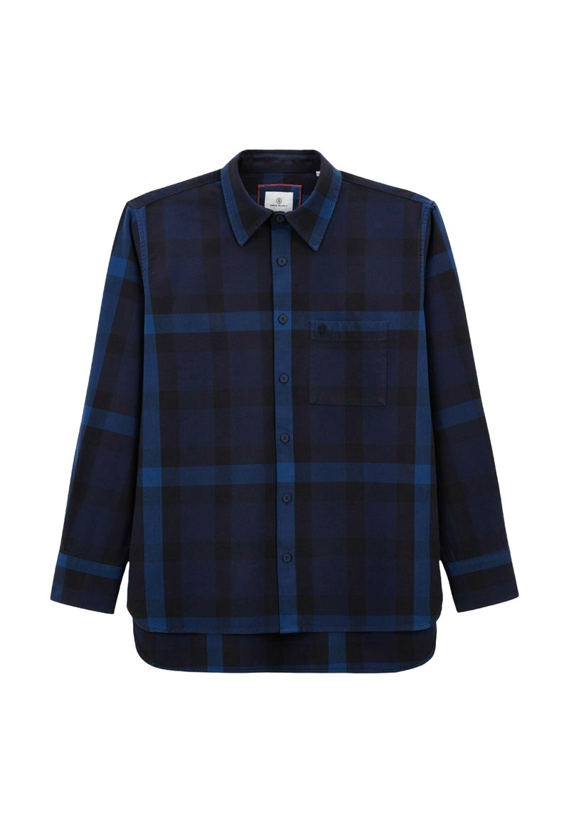 Chemise à manches longues à carreaux bleus, fabriquée en tissu avec des carrés bleu foncé et bleu clair, dotée d'un col à bouton et d'une poche poitrine unique.