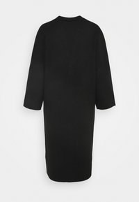 Black dress, long and loose-fitting design, features a round neckline and three-quarter sleeves, with a smooth fabric texture.