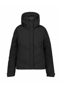 Schwarze gepolsterte Winterjacke mit Kapuze, Frontreißverschluss, der von einer Klappe verdeckt wird, und mit Reißverschlusstaschen an den Seiten, geeignet für kaltes Wetter.