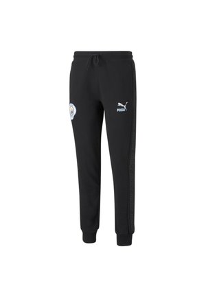 Schwarze Puma Jogginghose mit Manchester City Logo am linken Oberschenkel und Puma Logo am rechten Oberschenkel, elastische Bündchen und Kordelzug in der Taille.