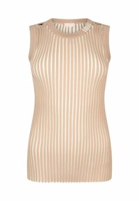 Haut beige sans manches en maille côtelée avec rayures verticales, encolure ronde, boutons dorés sur les épaules et détail de marque près du col.