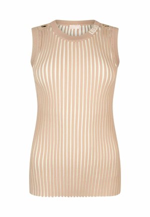 Haut beige sans manches en maille côtelée avec rayures verticales, encolure ronde, boutons dorés sur les épaules et détail de marque près du col.