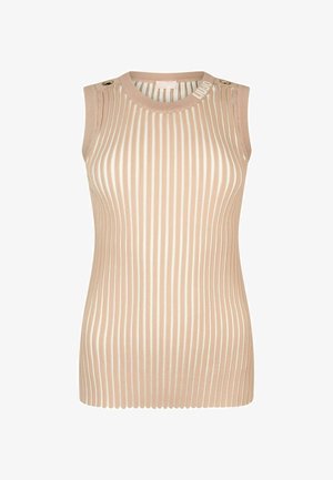 Brezrokavna bež rebrasta pletena majica z navpičnimi črtami, okrogel izrez, zlatimi gumbi na ramenih in blagovno znamko blizu ovratnika.