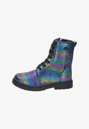 Lace-up ankle boot featuring a multicolored, iridescent synthetic upper with a textured finish and a black rubber sole.
