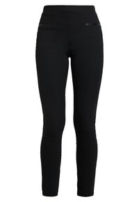 Czarne legginsy wykonane z gładkiego, rozciągliwego materiału z wysokim stanem oraz dwoma zasuwanymi kieszeniami z przodu dla dodatkowego wykończenia.