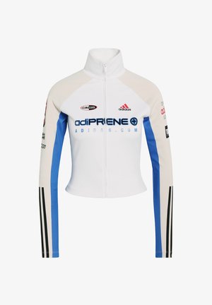 Witte zip-up jas met blauwe en beige accenten, met "adiPREENE" in vetgedrukte blauwe tekst en drie zwarte strepen op de mouwen. Gemaakt van ClimaCool-materiaal.
