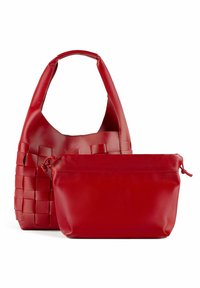 Red woven leather bag with a smooth, untextured pouch. The bag features a structured, curved shape and a wide shoulder strap.