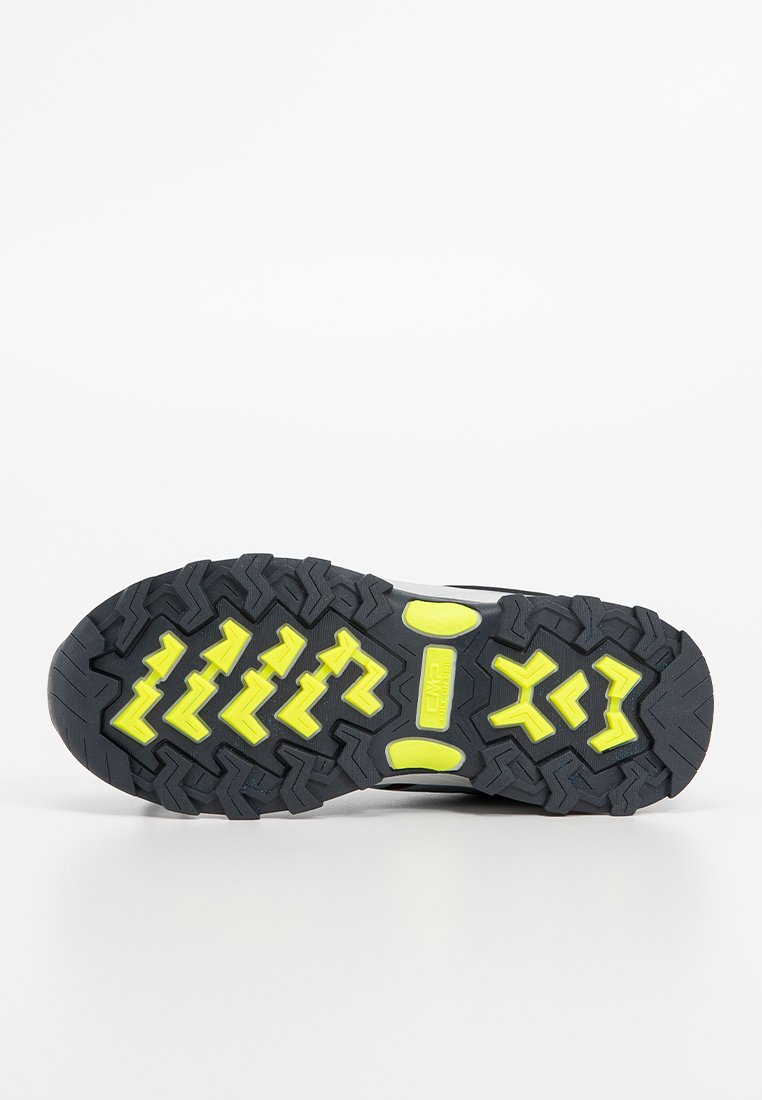 Schwarze Außensohle mit Zickzack-Profil, verziert mit leuchtend gelben Akzenten. Texturiertes Gummi sorgt für Grip bei Outdoor-Aktivitäten.