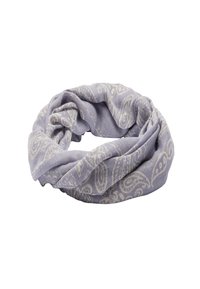 Szary szal w wzór paisley, wykonany z lekkiego materiału, charakteryzujący się miękką teksturą i okrągłym, niestrukturalnym wzorem.