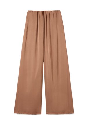 Pantalon camel à jambes larges avec une ceinture élastique et un tissu lisse et fluide.