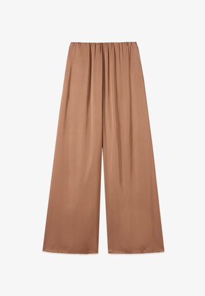 Kamelbraune, weit geschnittene Hose mit elastischem Bund und glattem, fließendem Stoff.