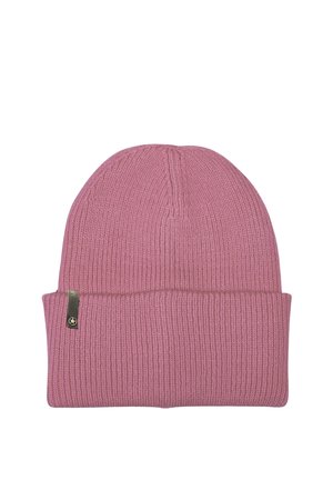 Pink knitted beanie hat with a ribbed texture, a folded cuff, and a small metal tag featuring a logo on the side.