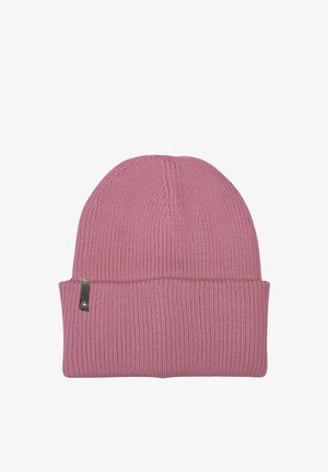 Pink knitted beanie hat with a ribbed texture, a folded cuff, and a small metal tag featuring a logo on the side.