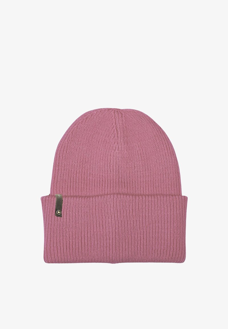 Pink knitted beanie hat with a ribbed texture, a folded cuff, and a small metal tag featuring a logo on the side.
