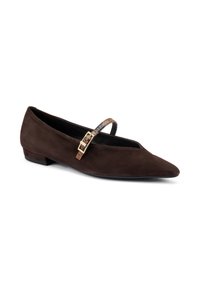 Zapato plano de ante marrón con punta afilada, cuenta con una correa delgada con una hebilla dorada y un tacón bajo para mayor estabilidad.