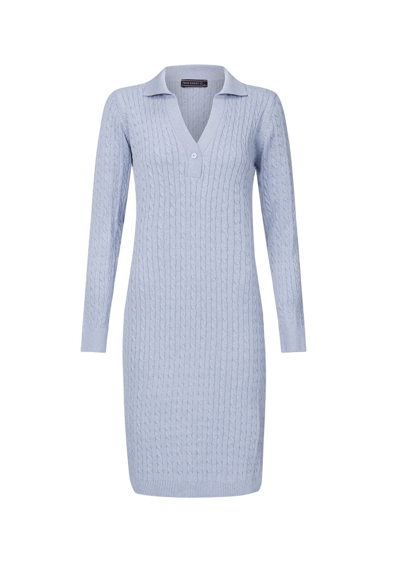 Hellblaues Strickkleid mit Kabelmuster, langen Ärmeln und Polokragen. Verfügt über eine Knopfleiste mit einem einzigen Knopf und gerippten Bündchen.