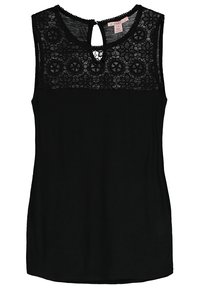 Haut sans manches noir avec un panneau en dentelle au niveau du col, une découpe en forme de trou et un tissu doux et extensible. Les détails comprennent des motifs en dentelle circulaires.