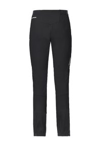 Pantalones exteriores negros fabricados con material elástico y resistente al agua. Cuentan con una cintura ajustada, piernas estrechas y bolsillos laterales con cremallera.