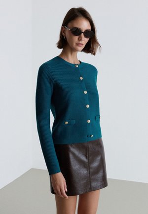 Frau mit dunkler Sonnenbrille, türkisfarbener, geknöpfter, gerippter Strickjacke und dunkelbraunem Lederrock, stehend vor einem einfarbigen hellen Hintergrund.