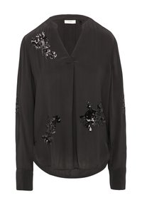 Zwarte blouse met een V-hals en lange mouwen. Voorzien van bloemachtige paillettenversieringen op de voorkant en de mouwen. Gladde, lichte stof.