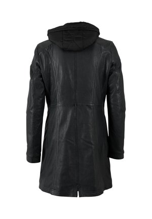 Black leather coat with a hood, featuring a smooth texture, long sleeves, and seam detailing, ending just above the knee with a split back.