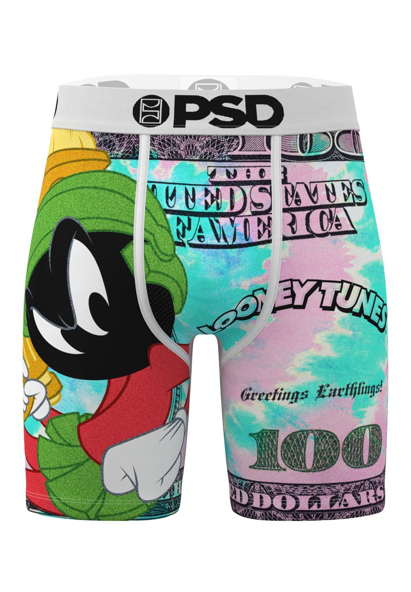 Colorful men's boxer briefs featuring cartoon character Marvin the Martian. Material is stretchy, with an elastic waistband and dollar bill print.