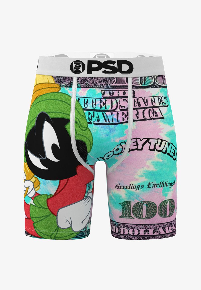 Colorful men's boxer briefs featuring cartoon character Marvin the Martian. Material is stretchy, with an elastic waistband and dollar bill print.