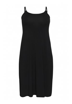 Black spaghetti strap dress with a straight silhouette. Made from a soft fabric, features a flowing hemline and minimal design details.