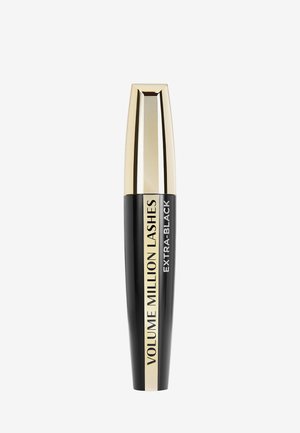 Tube de mascara noir avec un capuchon doré. Le texte sur le côté indique "VOLUME MILLION DE CILS EXTRA-BLACK." Fini lisse et mat.