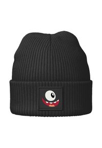 Black ribbed beanie with a folded cuff featuring a patch of a cartoonish monster face with one large eye and a wide smile.