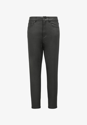 Czarne, dopasowane spodnie wykonane z gładkiego, elastycznego materiału. Posiadają pięć kieszeni, zapięcie na guzik i szlufki na pasek. Z eleganckim krojem.