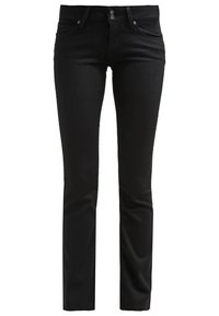 Jean noir slim avec poches avant, fermeture à deux boutons, passants de ceinture et coupe droite.