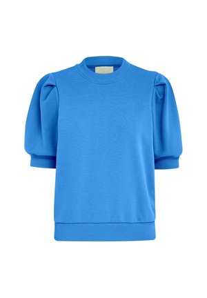 Blå sweatshirt lavet af blød bomuldsblanding, med korte puffærmer, rund halsudskæring og ribkant ved ærmer og nederkant.