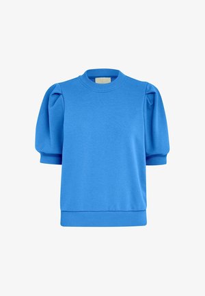 Sinine pehme puuvilla segu pulloveri korral, lühikeste puhvärvidega, ümmarguse kaelusega ning soonikkoes varrukate ja hemiga.