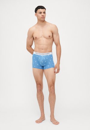 Boxers azules con cinturilla blanca que presenta el logo "POLO RALPH LAUREN", decorados con pequeños patrones de caballos blancos. Material de algodón.