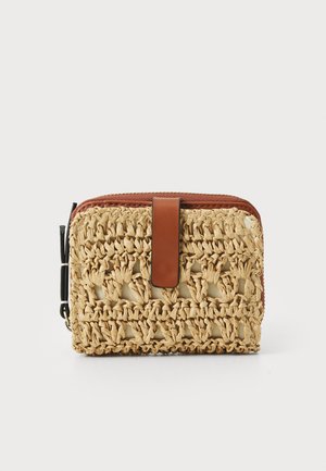 Straw-textured wallet with a beige woven exterior, brown leather accents, and a contrasting zipper. Features a snap closure and compact rectangular shape.